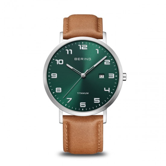 Bering titanium horloge kast met bruine band en groene wijzerplaat  18640-568 - 10033799