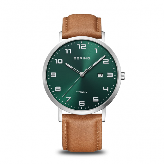 Bering titanium horloge kast met bruine band en groene wijzerplaat  18640-568 - 10033799