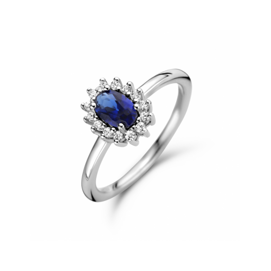 zilveren ring met synth. saffier en zirkonia halo mt 17.75 - 30038122